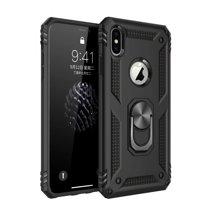 Mey İthalat®  iPhone XS Max Kılıf Sofya Yüzüklü Silikon Kapak - Siyah