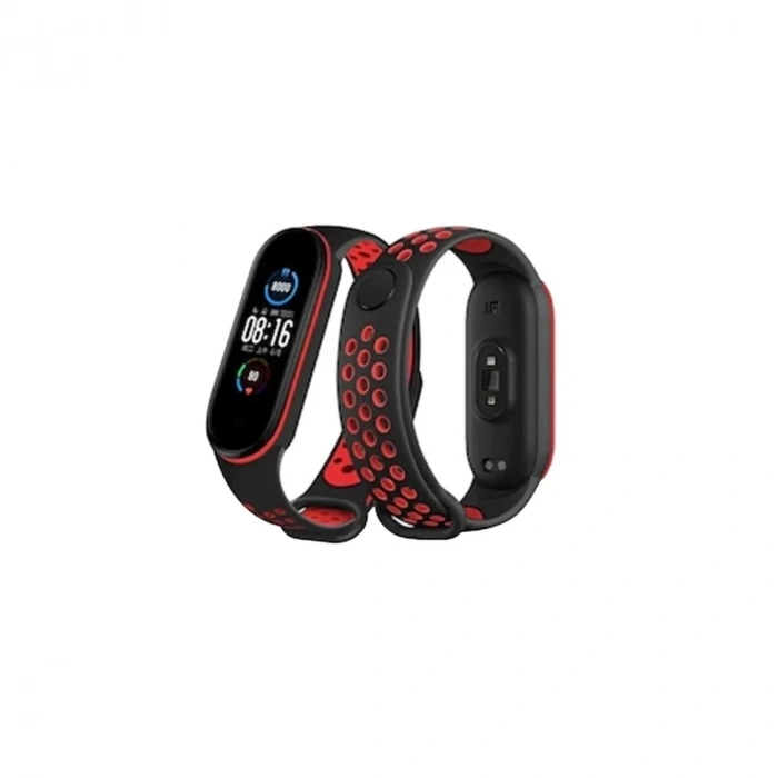 Mey İthalat®   Mi Band 6 Spor Delikli Kordon - Siyah-Kırmızı