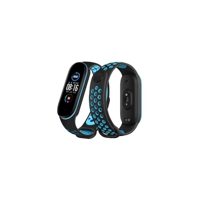 Mey İthalat®   Mi Band 6 Spor Delikli Kordon - Siyah-Mavi