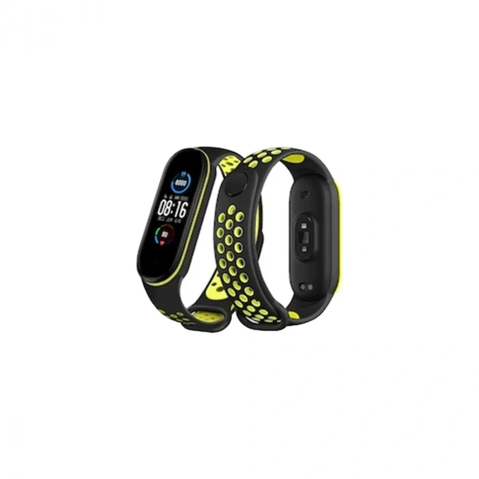 Mey İthalat®   Mi Band 7 Spor Delikli Kordon - Siyah-Yeşil