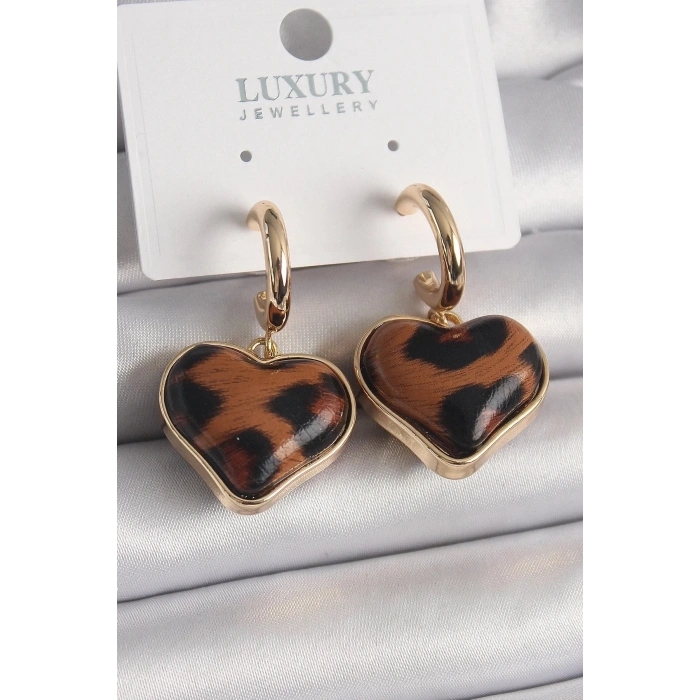 Mey İthalat® Pirinç Gold Renk 3D Kalp Leopar Desen Model Kadın Küpe