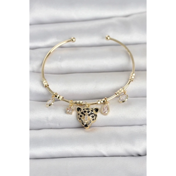 Mey İthalat® Pirinç Gold Renk Leopar Detaylı Charmlı Kadın Bileklik