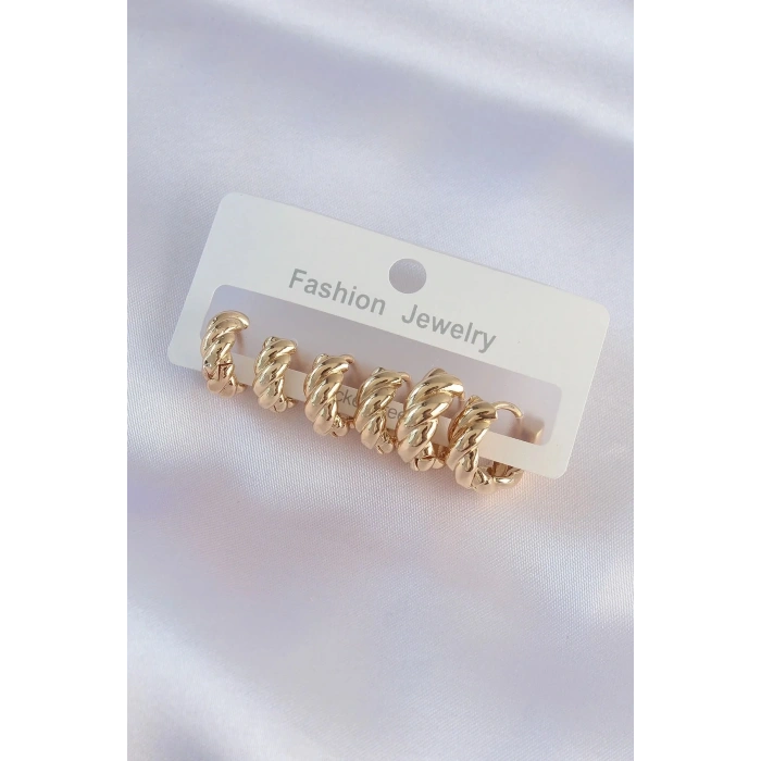Mey İthalat® Pirinç Gold Renk Minimal Tırtıklı Küpe Seti