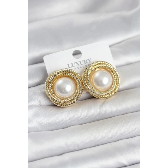 Mey İthalat® Pirinç Gold Renk Sarmal Model İncili Kadın Küpe
