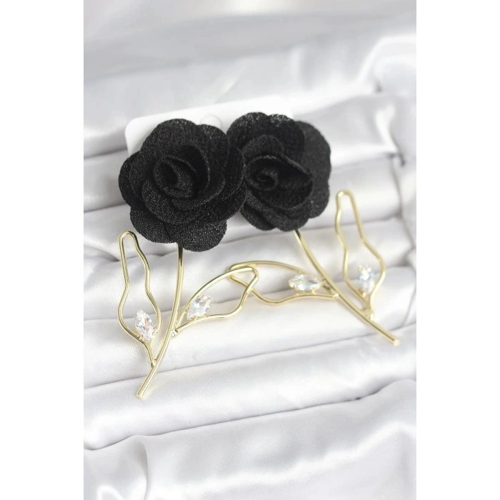 Mey İthalat® Pirinç Gold Renk Siyah Gül Model Kadın Küpe