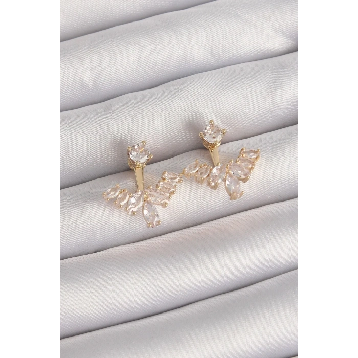 Mey İthalat® Pirinç Gold Renk Zirkon Taşlı V Model Küpe