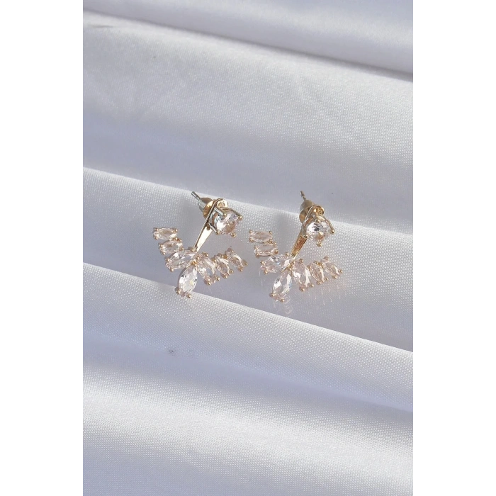 Mey İthalat® Pirinç Gold Renk Zirkon Taşlı V Model Küpe