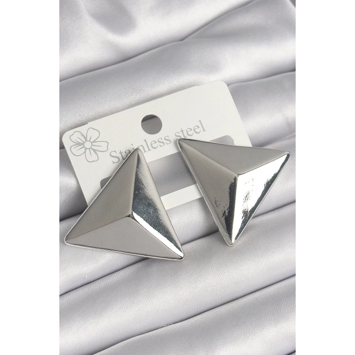Mey İthalat® Pirinç Gümüş Renk 3D Üçgen Model Kadın Küpe
