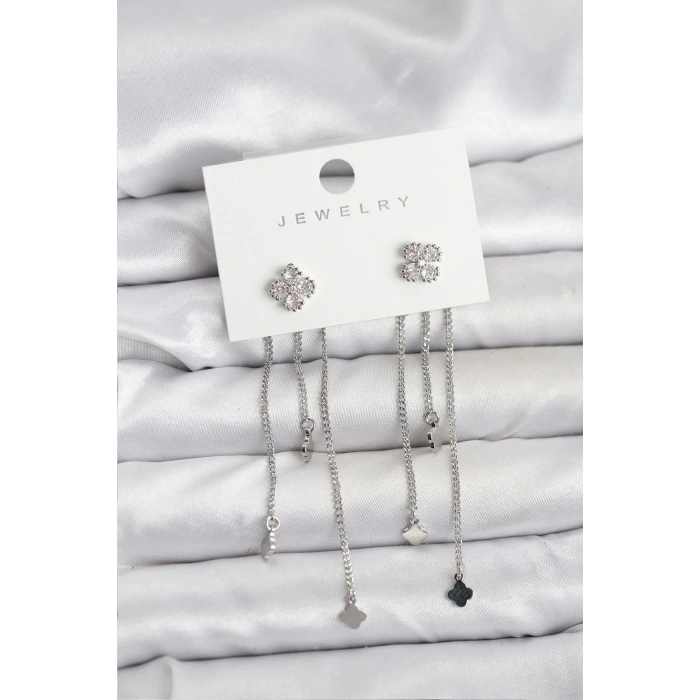 Mey İthalat® Pirinç Gümüş Renk Yonca Model Sallantılı Kadın Küpe