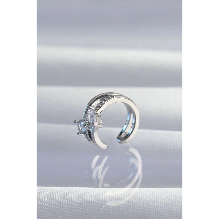 Mey İthalat® Pirinç Gümüş Renk Zirkon Taşlı Damla Earcuff Küpe