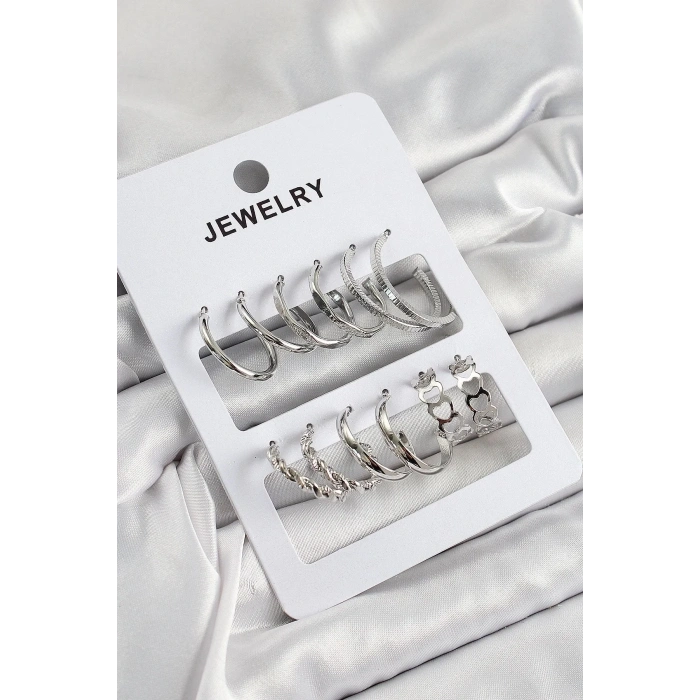Mey İthalat® Pirinç Karışık Halka Model Gümüş Renk 6 Çift Kadın Küpe Set
