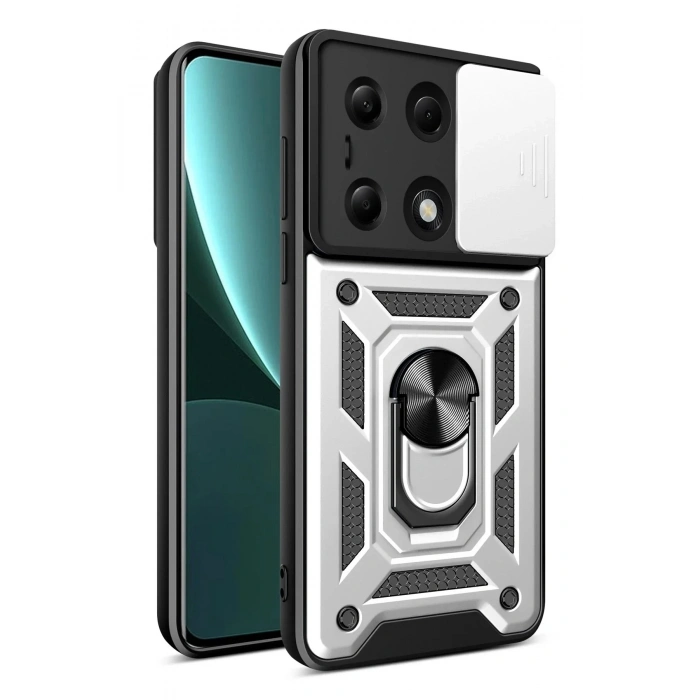 Mey İthalat®   Poco M6 Pro 4G Kılıf Pars Lens Yüzüklü Silikon - Gümüş