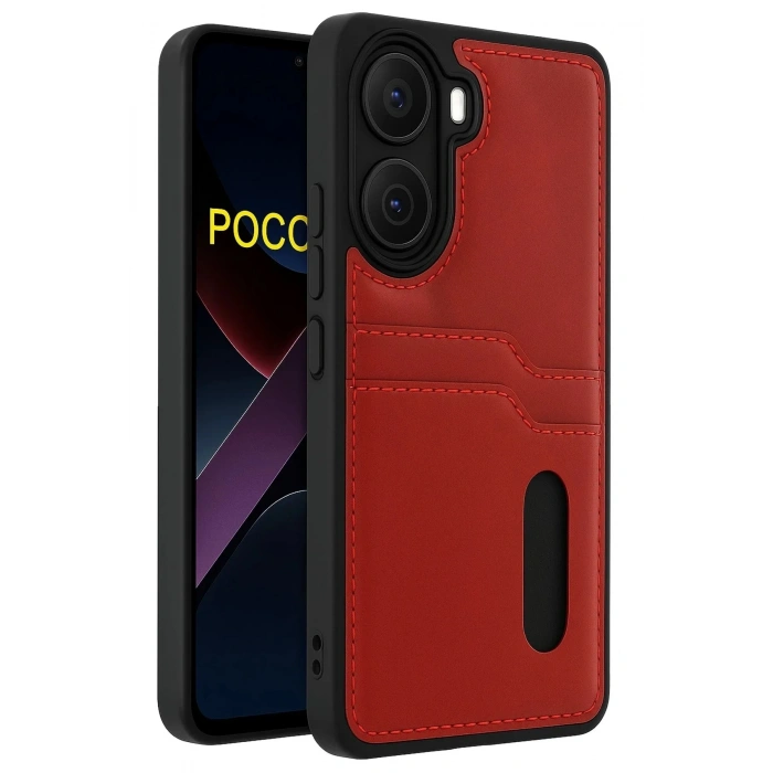 Mey İthalat®   Poco X7 Pro Kılıf Sara Kartvizitli Deri Kılıf - Kırmızı