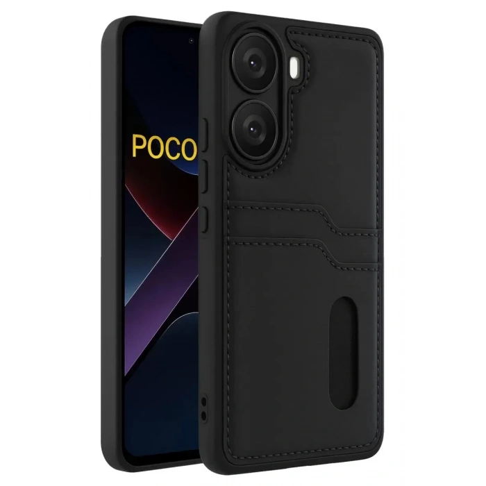 Mey İthalat®   Poco X7 Pro Kılıf Sara Kartvizitli Deri Kılıf - Siyah
