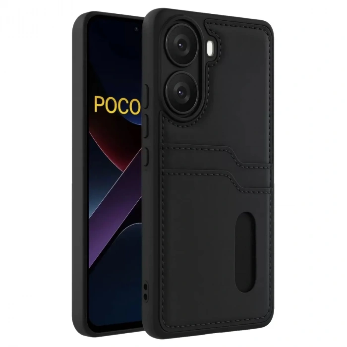Mey İthalat®   Poco X7 Pro Kılıf Sara Kartvizitli Deri Kılıf - Siyah