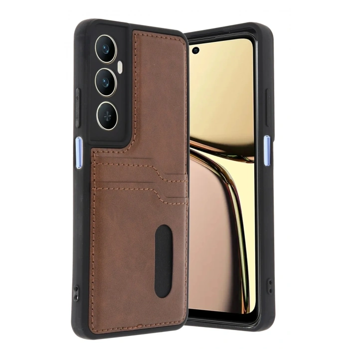 Mey İthalat®  Realme C65 Sara Kartvizitli Deri Kılıf - Taba