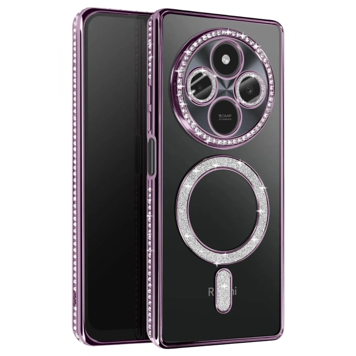 Mey İthalat®   Redmi 14C Joke Simli Magneticsafe Kılıf - Derin Mor