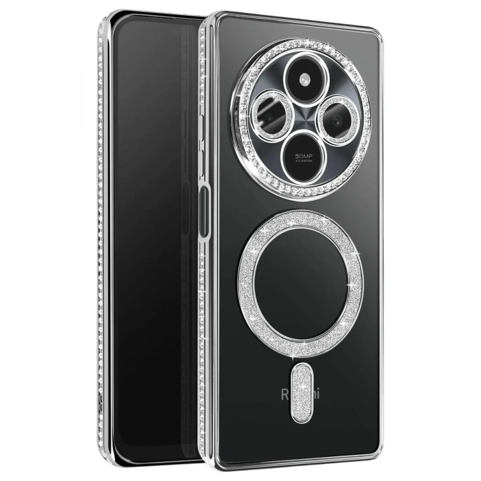 Mey İthalat®   Redmi 14C Joke Simli Magneticsafe Kılıf - Gümüş