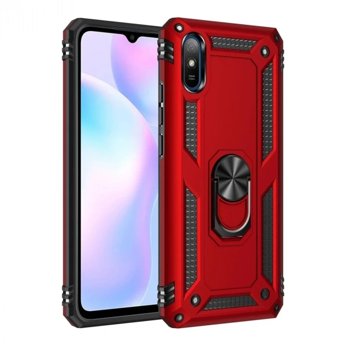 Mey İthalat®   Redmi 9A Kılıf Sofya Yüzüklü Silikon Kapak - Kırmızı