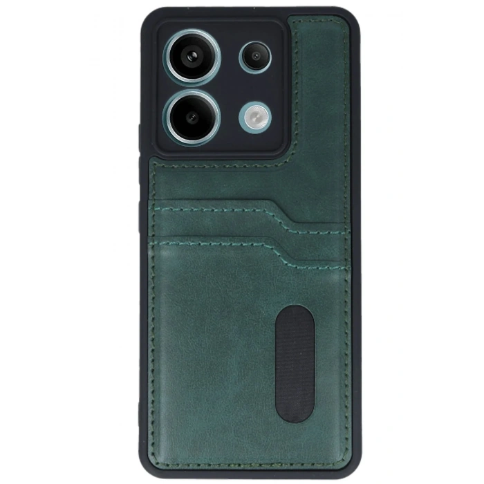 Mey İthalat®   Redmi Note 13 Pro 5G Kılıf Sara Kartvizitli Deri Kılıf - Koyu Yeşil