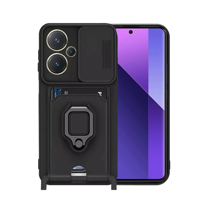 Mey İthalat®   Redmi Note 13 Pro Plus Kılıf Zuma Kartvizitli Yüzüklü Silikon - Siyah
