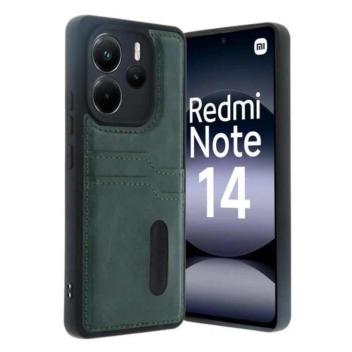 Mey İthalat®   Redmi Note 14 4G Kılıf Sara Kartvizitli Deri Kılıf - Koyu Yeşil