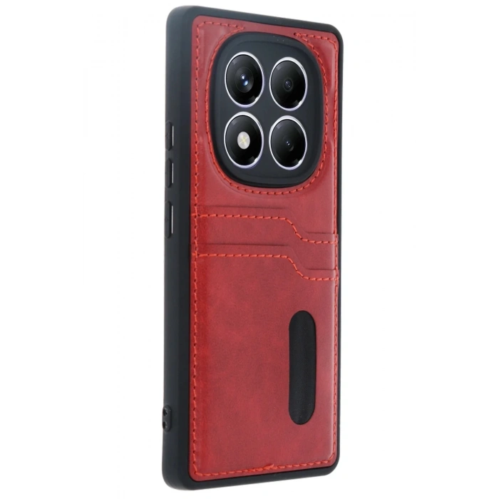 Mey İthalat®   Redmi Note 14 Pro 5G Kılıf Sara Kartvizitli Deri Kılıf - Kırmızı