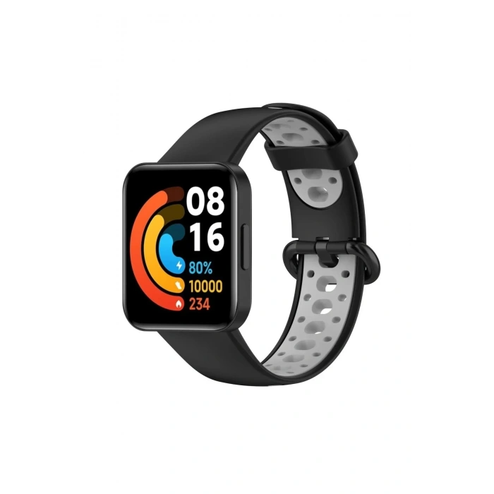 Mey İthalat®   Redmi Watch 2 Spor Delikli Kordon - Siyah-Gri