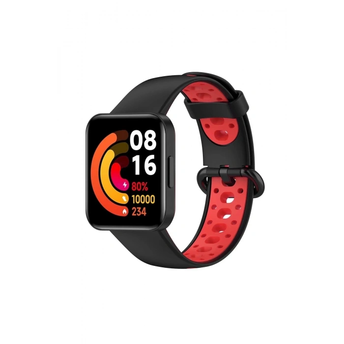 Mey İthalat®   Redmi Watch 2 Spor Delikli Kordon - Siyah-Kırmızı