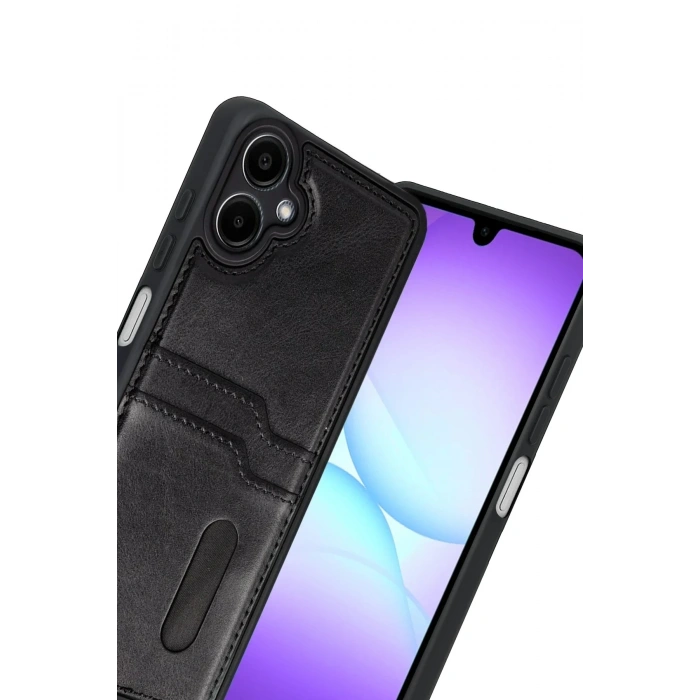 Mey İthalat®  Samsung Galaxy A07 4G Sara Kartvizitli Deri Kılıf - Siyah