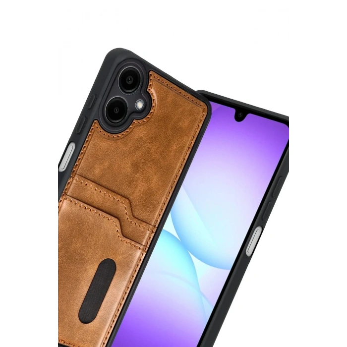 Mey İthalat®  Samsung Galaxy A07 4G Sara Kartvizitli Deri Kılıf - Taba