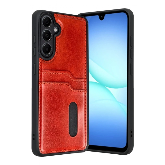 Mey İthalat®  Samsung Galaxy A17 5G Sara Kartvizitli Deri Kılıf - Kırmızı