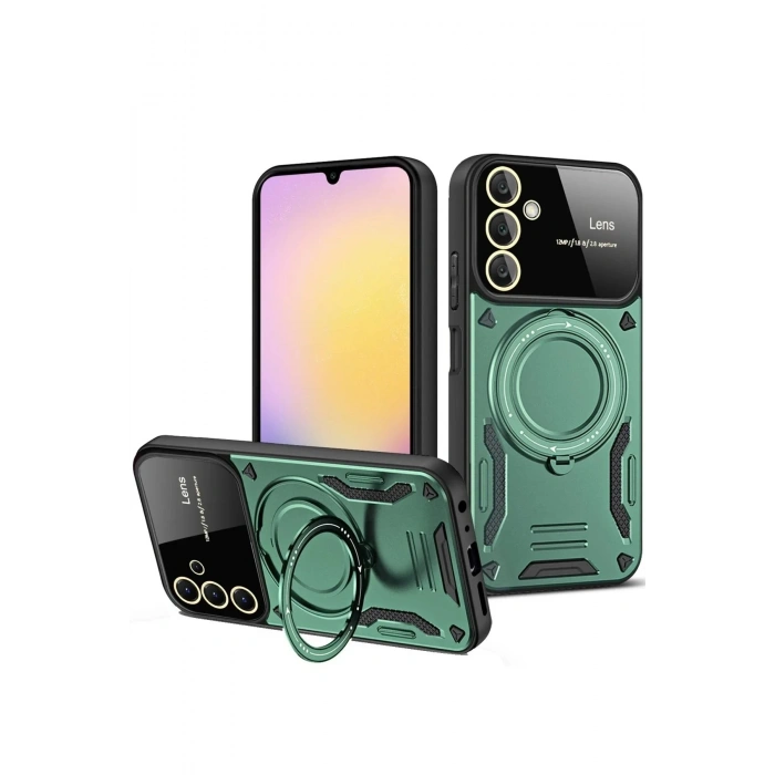 Mey İthalat®  Samsung Galaxy A26 Kılıf Joy Lens Standlı Kapak - Koyu Yeşil
