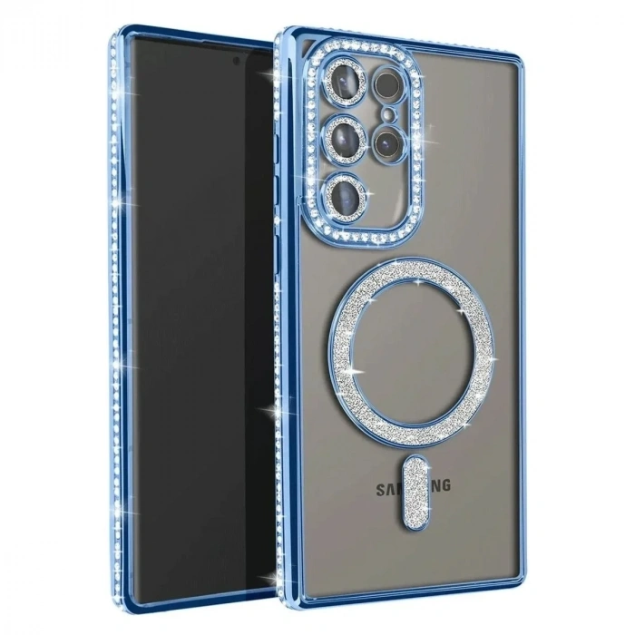 Mey İthalat®  Samsung Galaxy S23 Ultra Joke Simli Magneticsafe Kılıf - Mavi