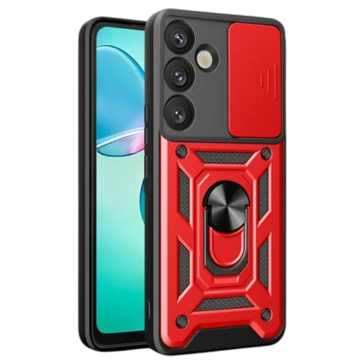 Mey İthalat®  Samsung Galaxy S25 Plus Kılıf Pars Lens Yüzüklü Silikon - Kırmızı