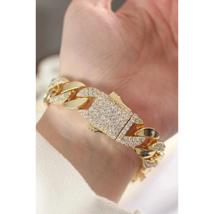 Mey İthalat® Vip Seri Pirinç Zirkon Taşlı Gold Renk Gurmet Bileklik