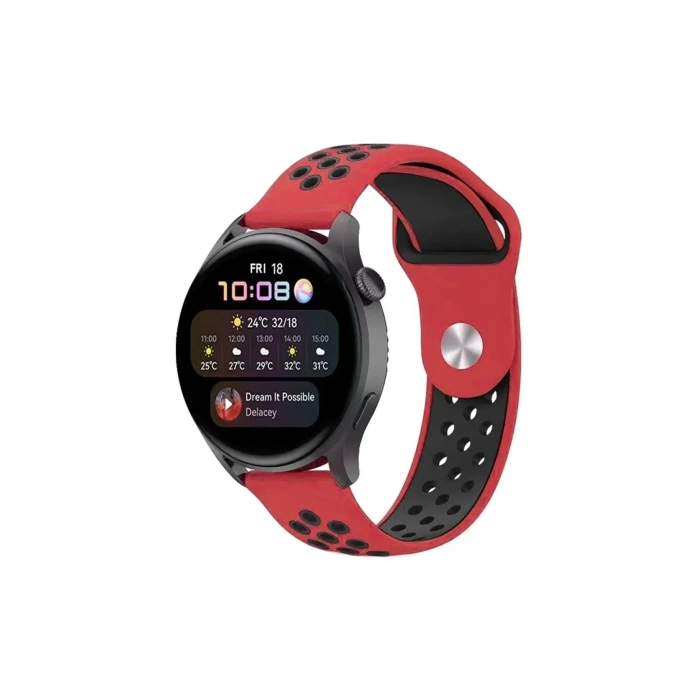 Mey İthalat®  Watch 20mm Spor Delikli Kordon - Kırmızı-Siyah
