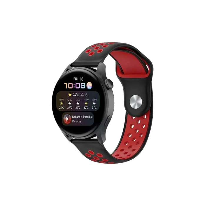 Mey İthalat®  Watch 22mm Spor Delikli Kordon - Siyah-Kırmızı