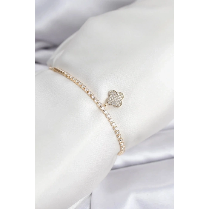 Mey İthalat® Yonca Model Zirkon Taşlı Gold Renk Asansörlü Su Yolu Bileklik