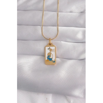 Mey İthalat® 316L Çelik Gold Renk Beyaz Mineli Kız Figür Tarot Kolye