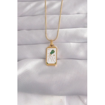 Mey İthalat® 316L Çelik Gold Renk Beyaz Mineli Tarot Kolye