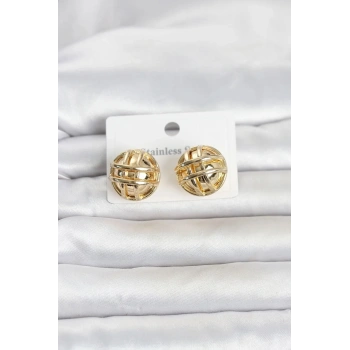 Mey İthalat® 316L Çelik Gold Renk Desenli Top Model Kadın Küpe