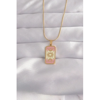 Mey İthalat® 316L Çelik Gold Renk Karışık Mineli Ay Figür Tarot Kolye