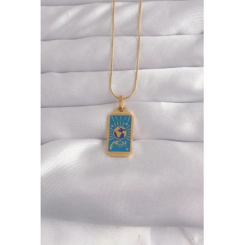 Mey İthalat® 316L Çelik Gold Renk Mavi Mineli El Figür Tarot Kolye