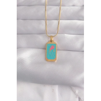 Mey İthalat® 316L Çelik Gold Renk Mavi Mineli Tarot Kolye