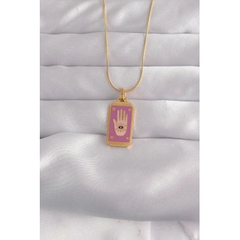 Mey İthalat® 316L Çelik Gold Renk Mor Mineli El Figür Tarot Kolye