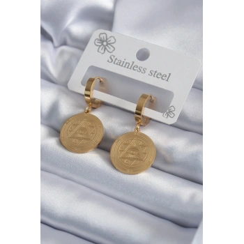 Mey İthalat® 316L Çelik Gold Renk Pentagram İşleme Model Kadın Küpe