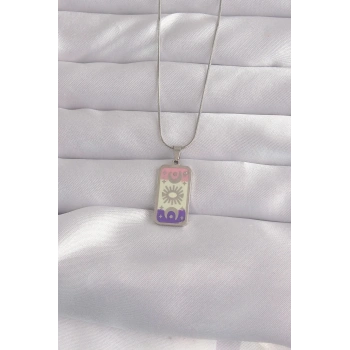 Mey İthalat® 316L Çelik Gümüş Renk Karışık Mineli Ay Figür Tarot Kolye