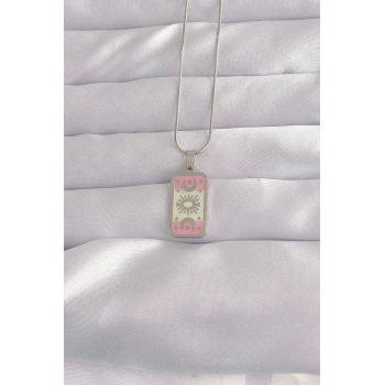 Mey İthalat® 316L Çelik Gümüş Renk Pembe Mineli Ay Figür Tarot Kolye