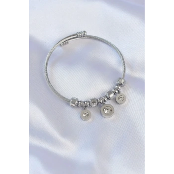 Mey İthalat® 316L Çelik Gümüş Renk Zirkon Taşlı Model Charm Bileklik